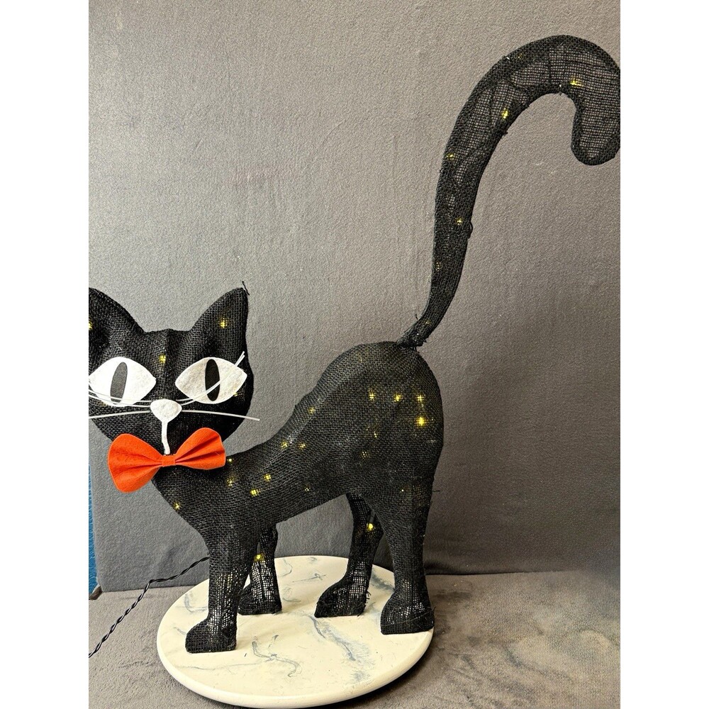 Halloween Burlap Cat Figurine Black/Orange Bow Freestanding 31 in Adult Decor